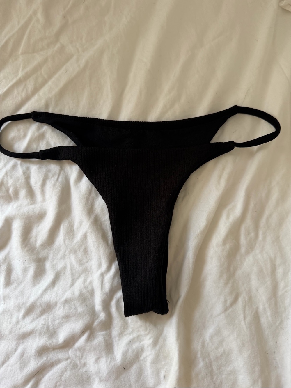 Black Ribbed High-Cut Thong Bikini Bottom